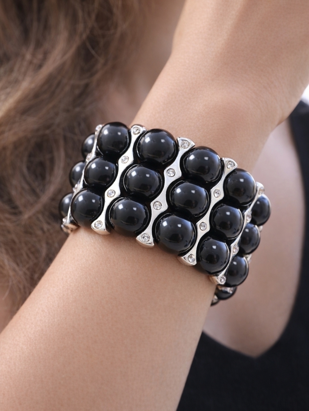 Silver Multi-Row Black Beaded Bracelet – Sparkling Crystal Statement Jewelry
